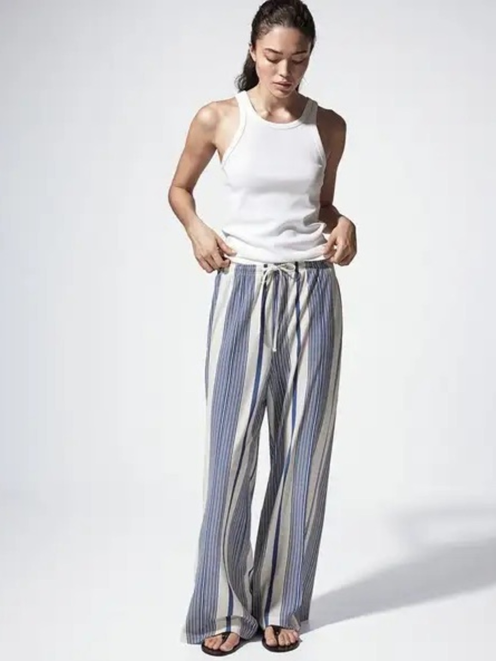H&M Blue & White Vertical Stripe Wide-Leg Pants